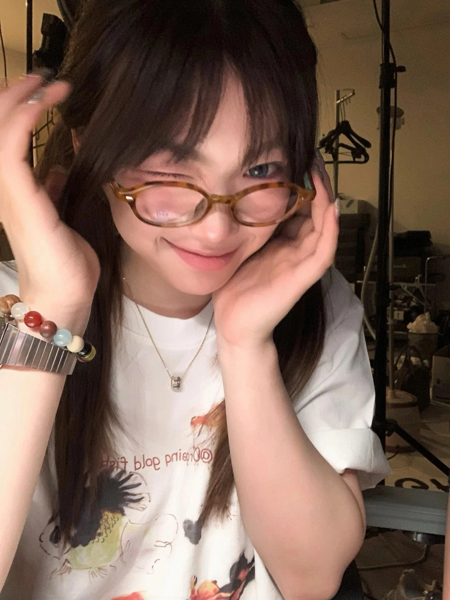 Sakura Ma Dou Girls Print Goldfish Short Sleeve T-Shirt Loose Casual round Neck Cotton Pure White Versatile Summer Top