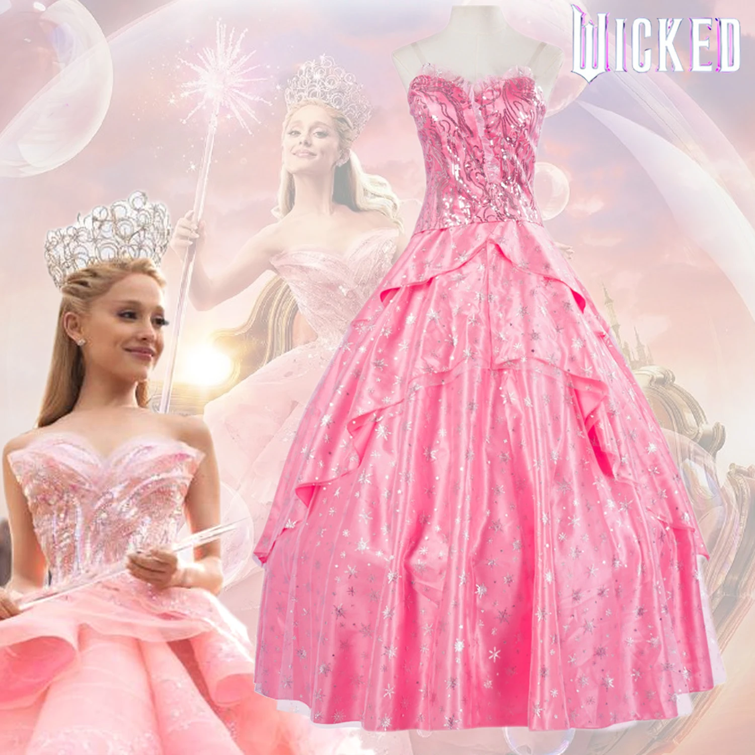 Wicked Glinda Cosplay Costume Wicked Elphaba Women Pink Dress Elphaba Halloween Carnival Party Princess Outfits Suit Uniform