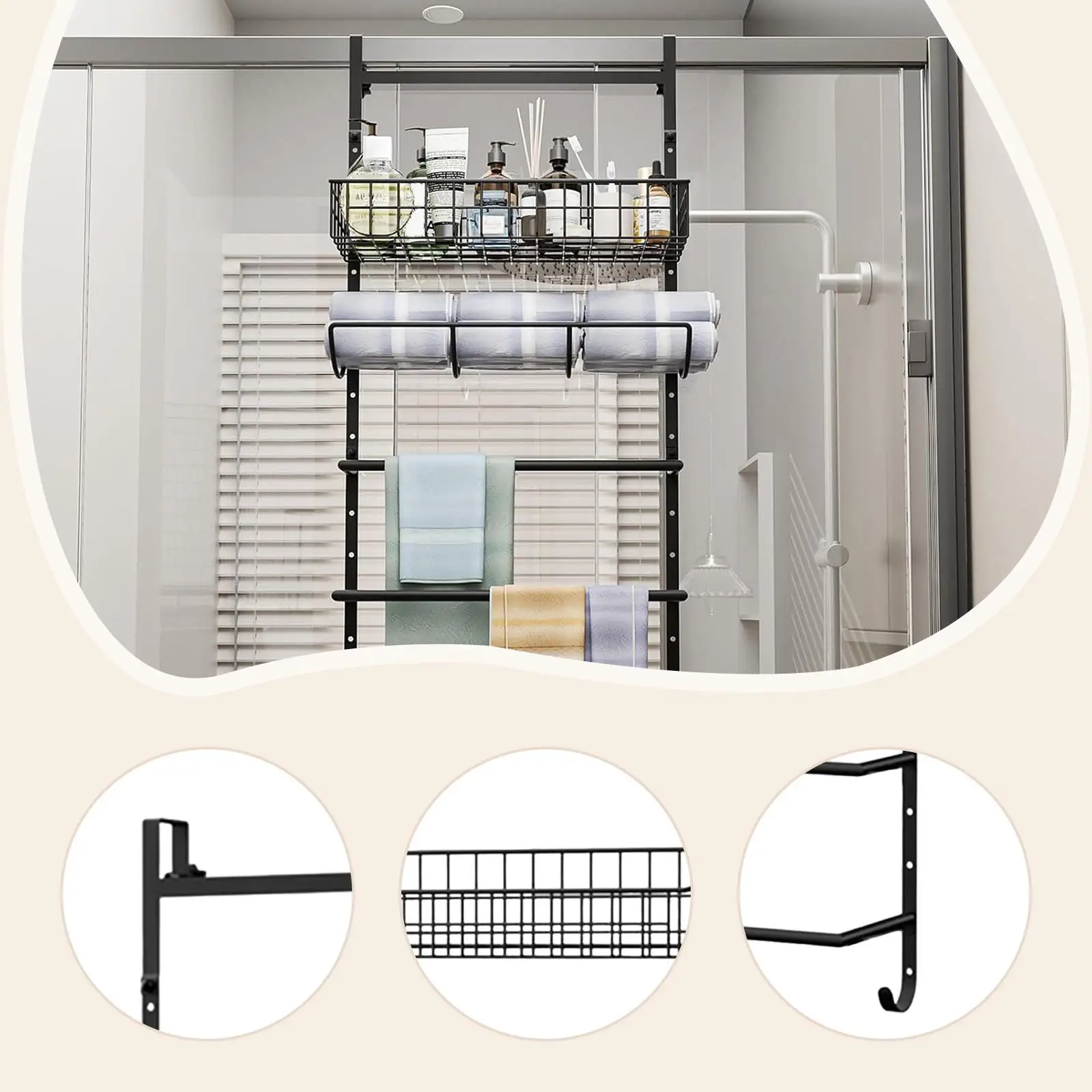 

Door Organizer with Rolled Towel Storage Five Tier Metal Basket Rack for Bathroom Kitchen Office Use