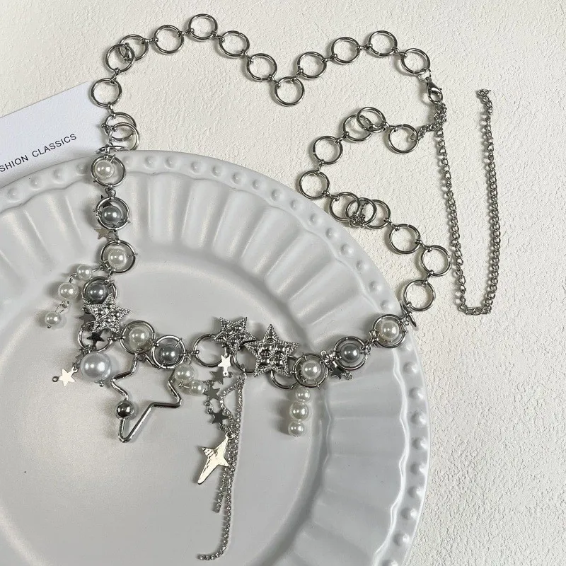 جديد الكورية لامعة حجر الراين ستار الخماسي الخصر سلسلة للنساء بلينغ كريستال اللؤلؤ سلسلة شرابة حزام الجسم سلسلة Y2K مجوهرات #5