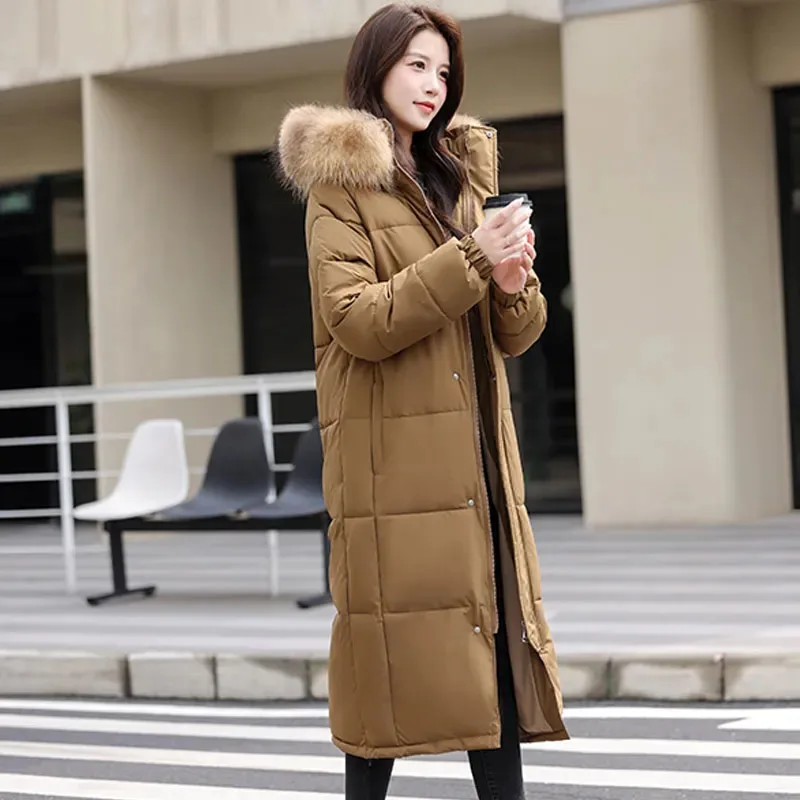 Manteau coréen Long en coton pour femmes, vêtements chauds d'hiver en coton, col en fourrure à capuche, pardessus Parker, vestes matelassées, nouvelle collection