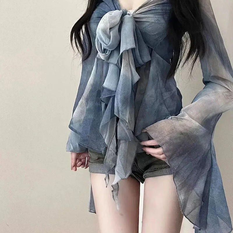 Fashion V-Neck Tie Dye Flare Sleeve Sleeve Irregular Blouse Female Clothing 2024 Summer New Chic Tops Asymmetrical Shirt