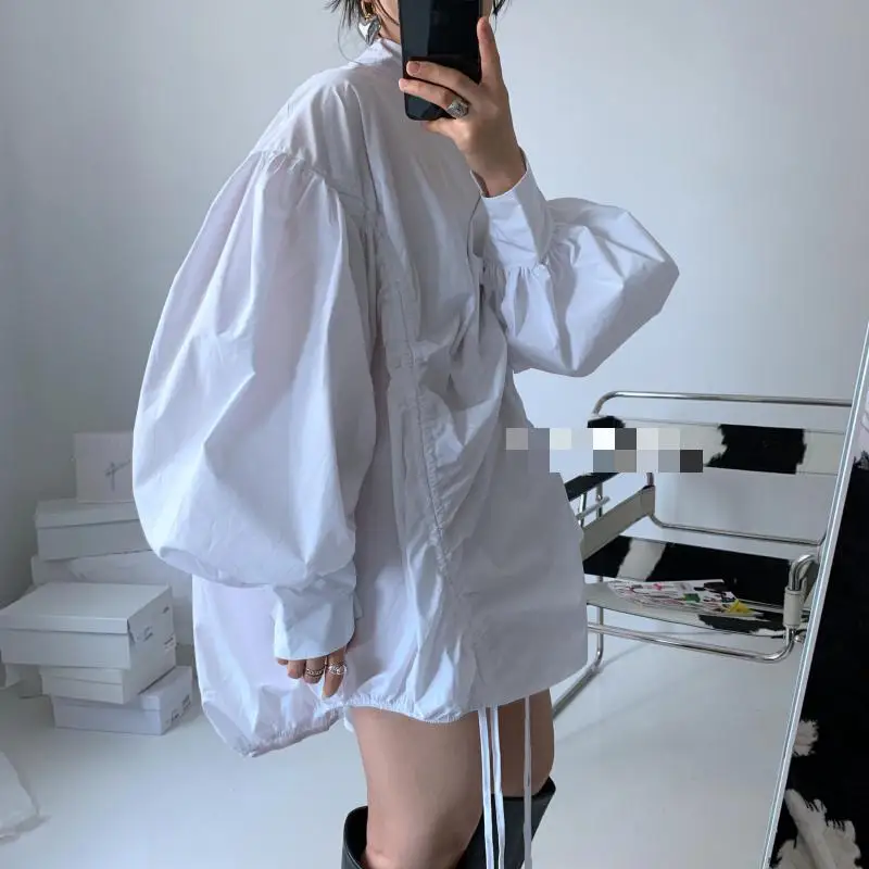 

Getspring Women Blouse White Cotton Shirt dress Lantern Sleeve Pleated Drawstring Loose Casual Irregular Long Female Tops 2024