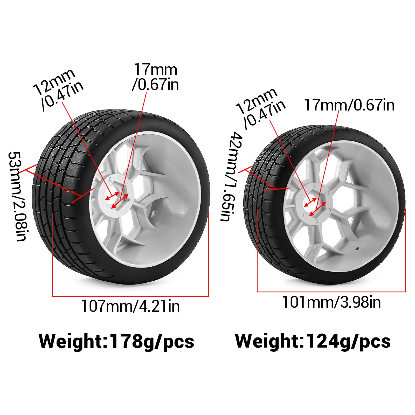 Staggered RC Tire Set 2PCS Front 2PCS Rear for 1/7 ARRMA Felony Infraction 6S RWD, Fits FS Racing Mustang GT, 17mm Hex Wheel Tyr