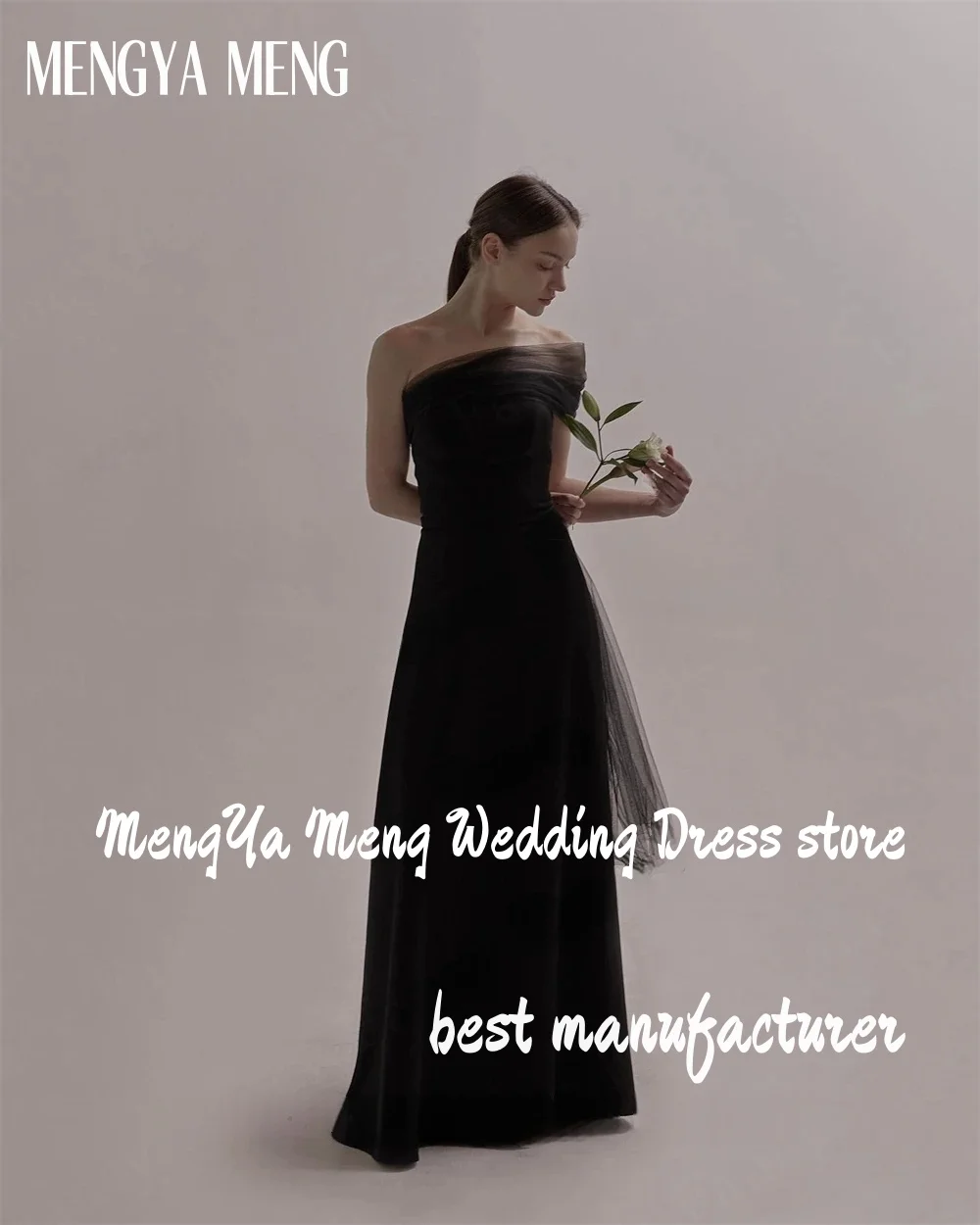 Simple Black Strapless Korea  Evening Dress With Bolero Tulle One Shoulder A Line Elastic Satin Formal Party Dress Wedding Gown
