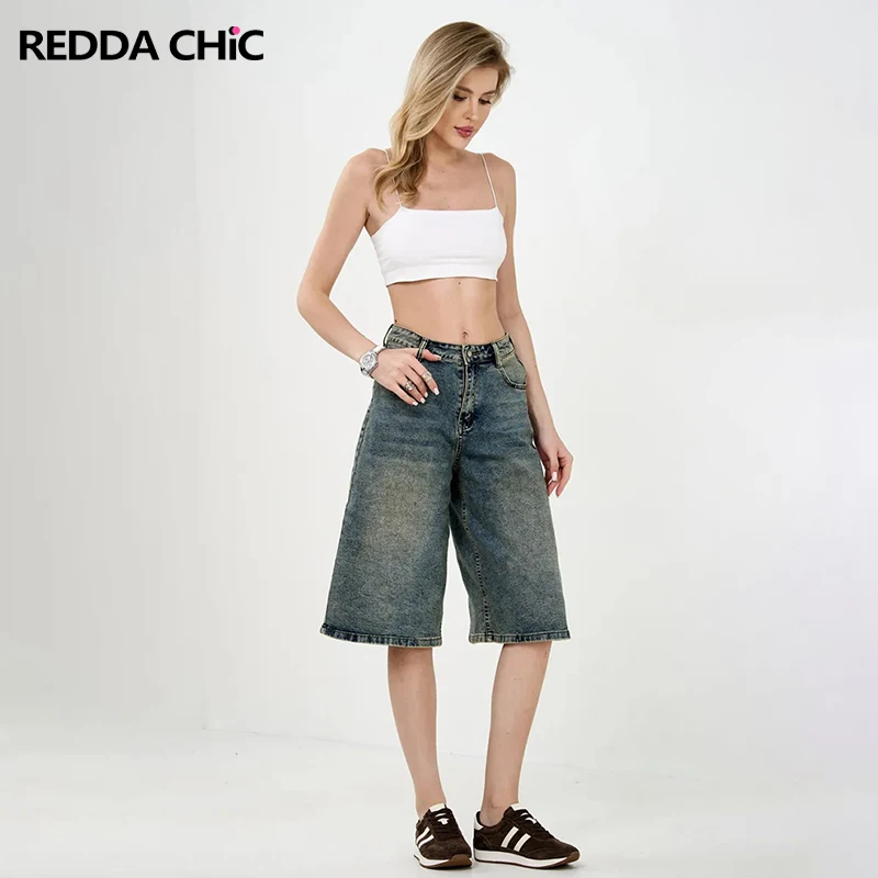 

REDDACHiC Women Whiskers Bermuda Shorts Casual Street Style Loose Straight Wide Leg Washed High Waist Jeans Y2K Everyday Wear