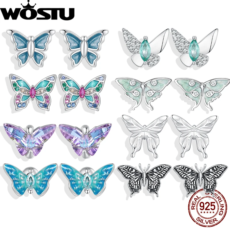 WOSTU 925 Sterling Silver Butterfly Stud Earrings Blue Green Purple Butterfly Enamel For Women Girl Vintage Fine Jewelry Gift