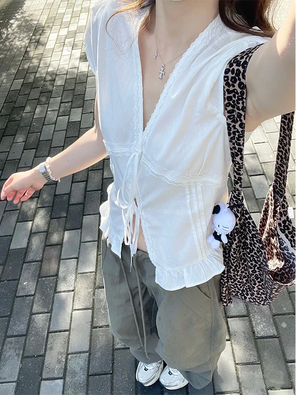 

White Lace Trim Belted ort Sve irt Women's Summer Simple Design Slim Fit Top V-Ne Casual Sle Chinese Brand