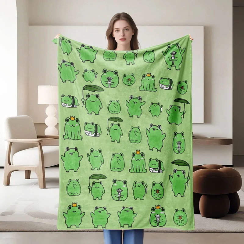 1개의 녹색 개구리 테마 플란넬 담요, 부드럽고 소파, 침대, 사무실, 사계절 사용에 적합합니다.