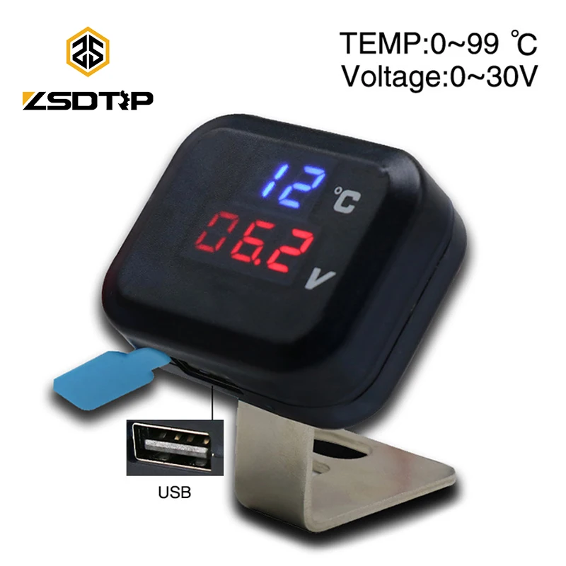 ZSDTRP Universelles digitales Thermometer-Messgerät, 2-in-1, Motorrad-LED-Spannung, Temperatur, Dual-Display-Messgerät mit USB-Ladegerät