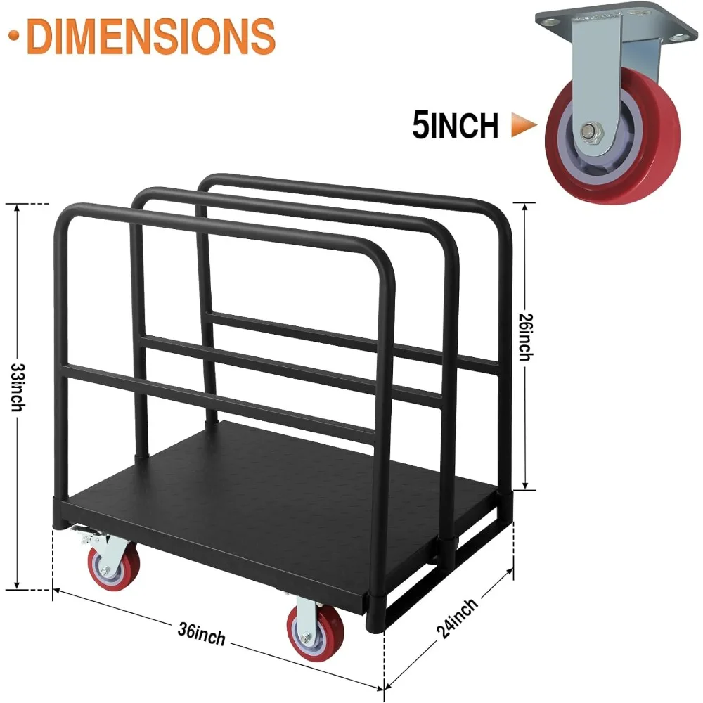 Carrinho de caminhão com painel de aço, carrinho de madeira para drywall, carrinho de mesa resistente de 2500LBS com rodas de freio giratórias de 5"