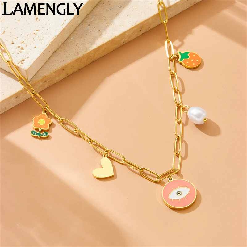 LAMENGLY 316l Stainless Steel Cartoon Cute Eye Strawberry Flower Heart Pendant Necklace For Women Girl Trendy Link Chain Gifts