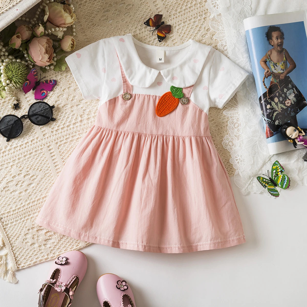 

6-24 Months Sweet Heart Short Sleeved Baby Girl Dress, Summer New Cute Carrot Children'S Clothing