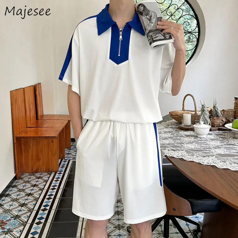 

Two Piece Sets Men Clothing Summer Baggy Panelled T-shirts Shorts Japanese Harajuku Teens Sporty Handsome Casual Preppy Fashion