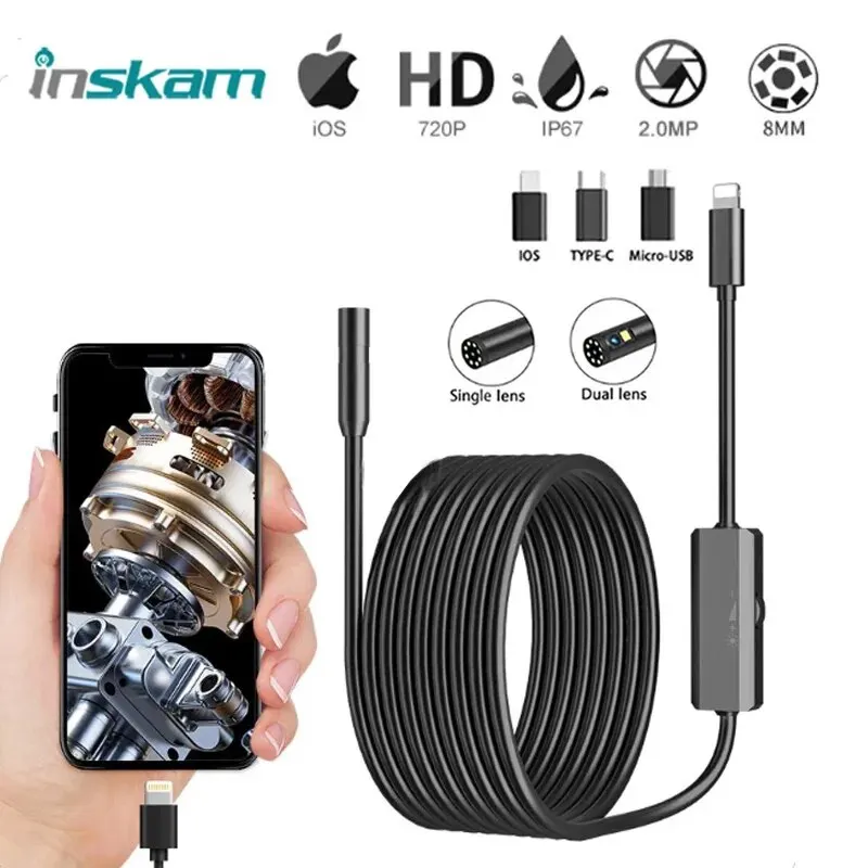 INSKAM 2MP 내시경 카메라, IP67 방수, 8mm 하드 와이어 파이프라인 검사 보어스코프, C타입 및 IOS용 8 조절 가능 LED 포함 