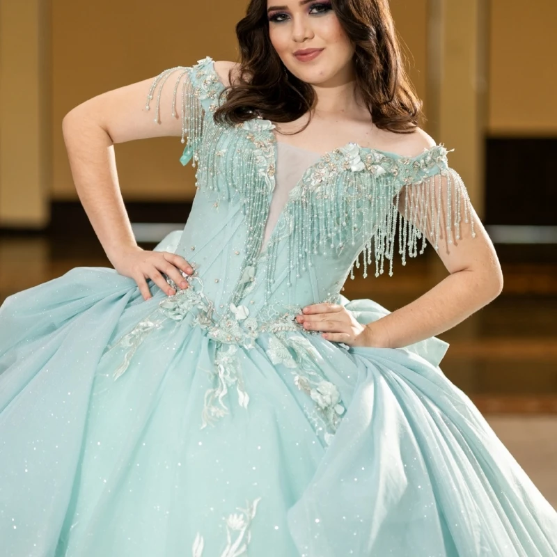 

Customized Shiny turquoise Quinceanera Dresses Off the Shoulder applique flower Lace layering Long tail Vestido 15 Quinceanera