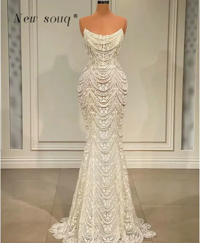 Perles ivoire perles gland sirène dentelle robes de soirée élégant bretelles longues robes de fête de fiançailles de mariage personnalisé