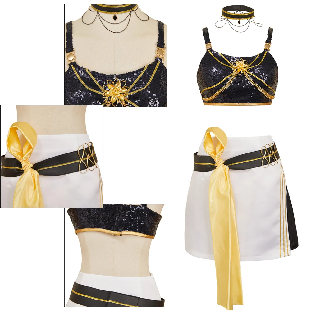 

Demon Hunter KPop Mira Cosplay Black Strap Top White Skirt Outfits Stage Performance Camisole Costume Suits Halloween Party