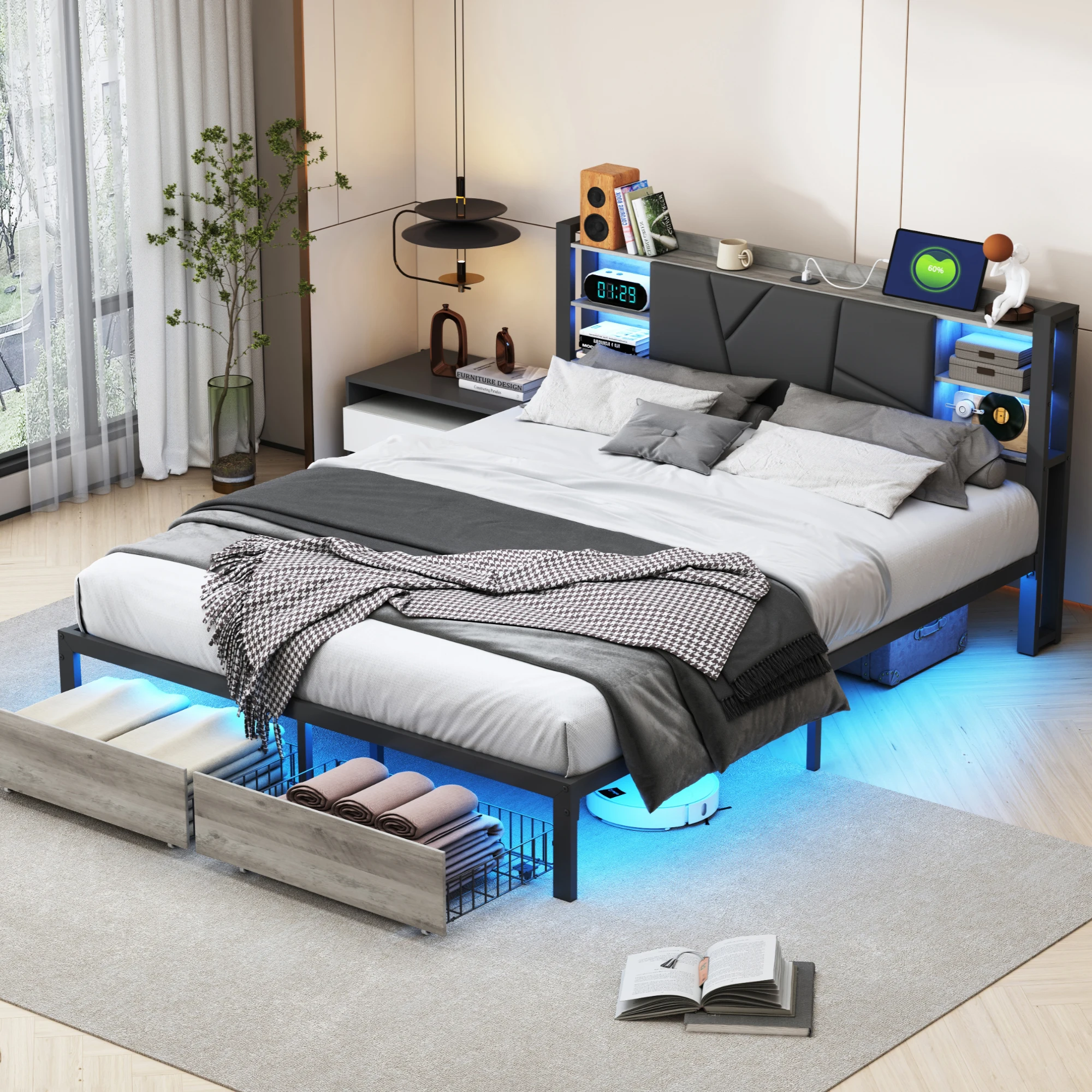 Cama Tapizada Fangange con Iluminación LED y Conexión USB, Cama Doble con 2 Cajones y Cabecera con Almacenamiento, PU