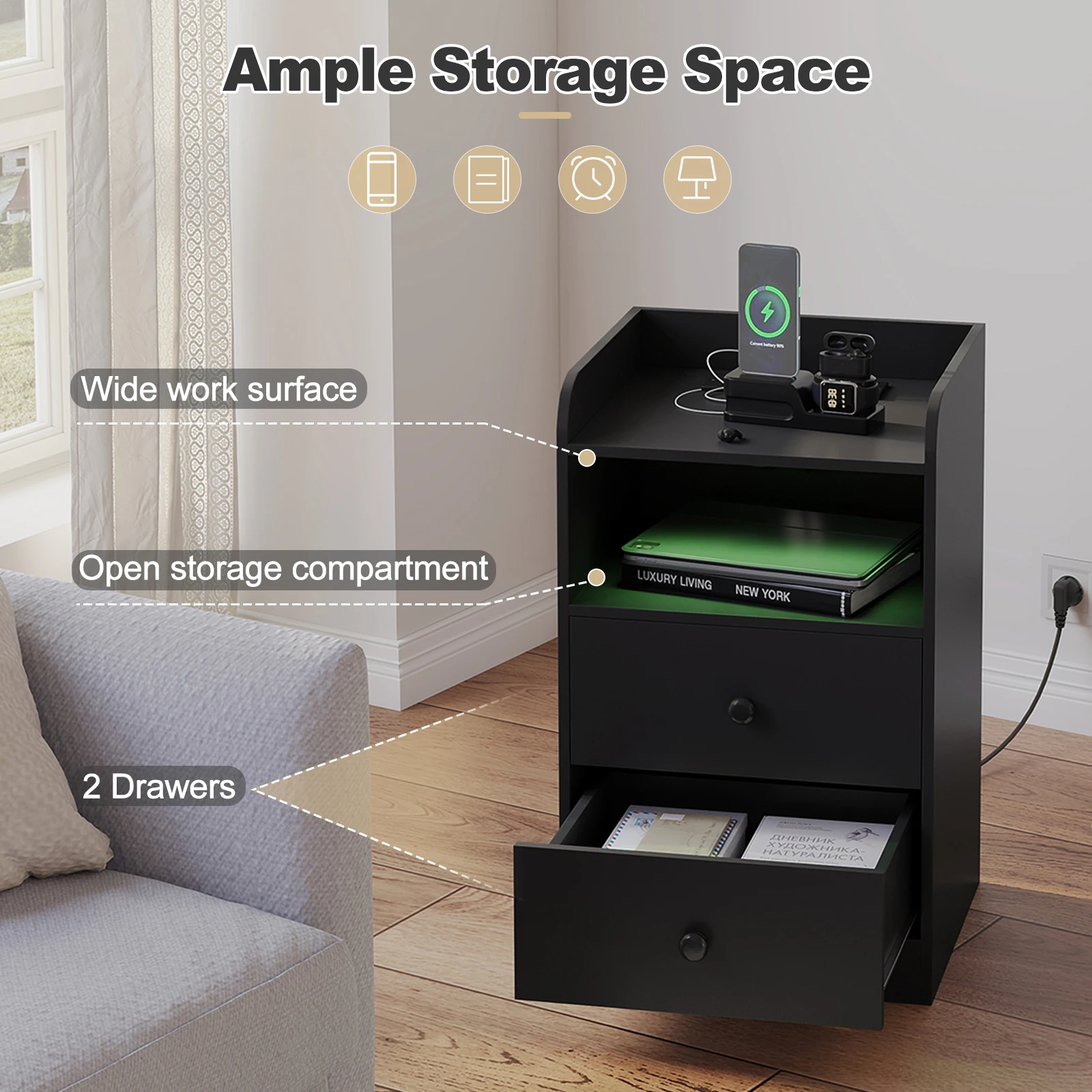 WOLTU Nachttisch, Nachttisch mit Ladestation, USB-Steckdosen, Anschlüsse, Beistelltisch mit LED-Licht, Bettüberzugs-Tisch, Schlafzimmer-Tisch aus Holz – Detail 19