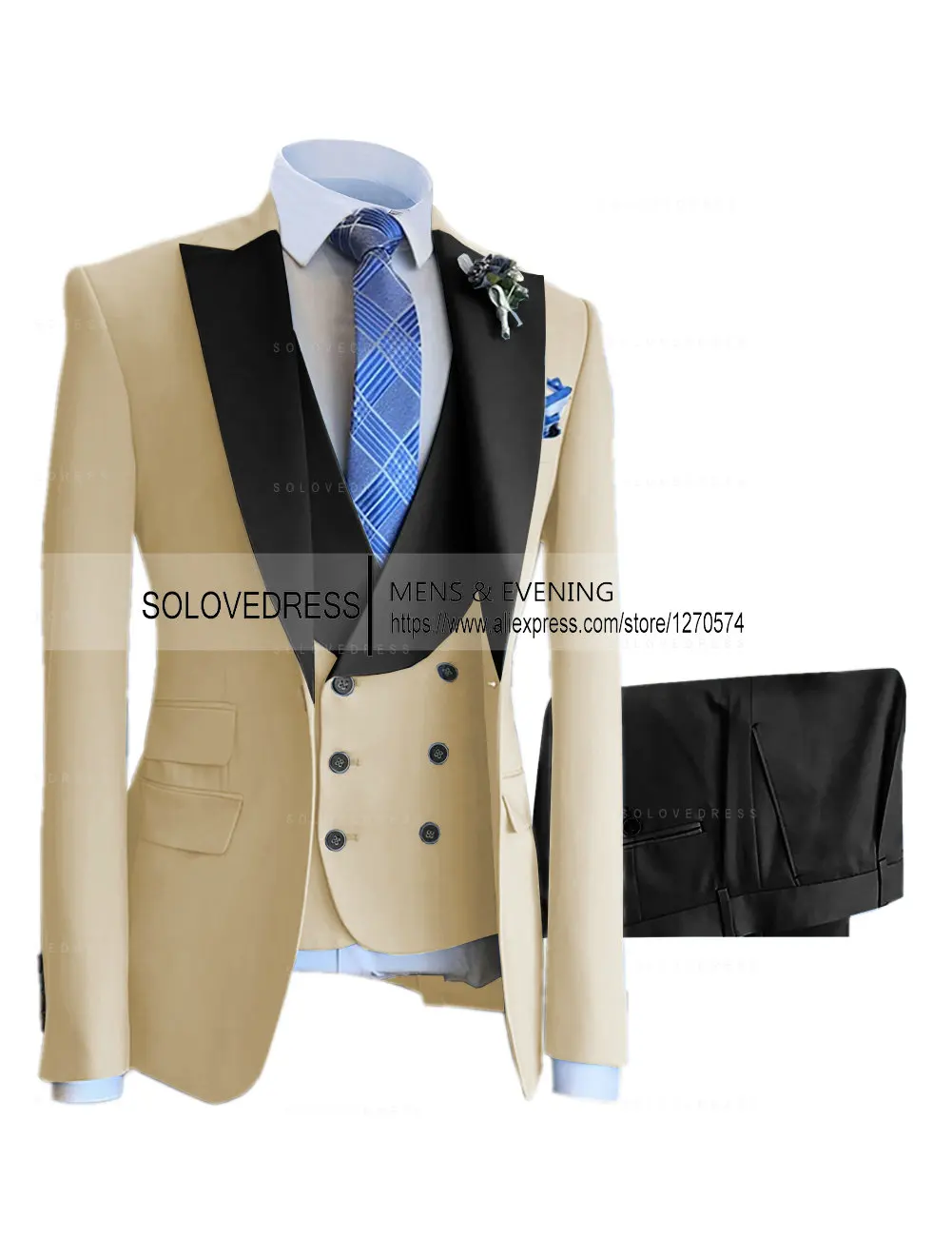 

3 Pieces Men Fashion Suit Formal Beige Suits Champagne Tuxedos for Wedding Groom Blazer+Pants+Vest