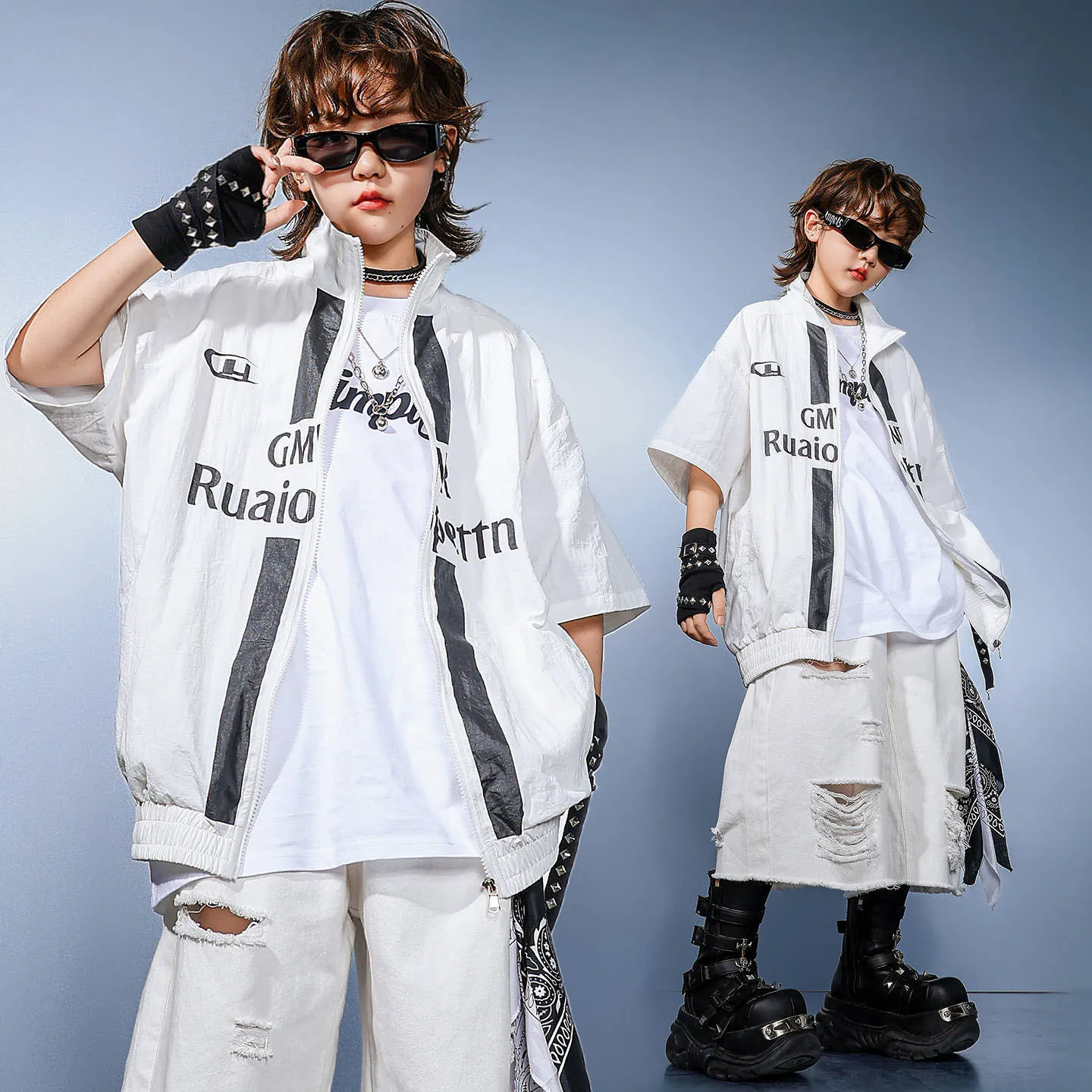 

Kid Kpop Hip Hop Clothing White Zip Up Shirt Jacket Casual Distressed Ripped Shorts for Girl Boy Jazz Dance Wear Costume Clothes