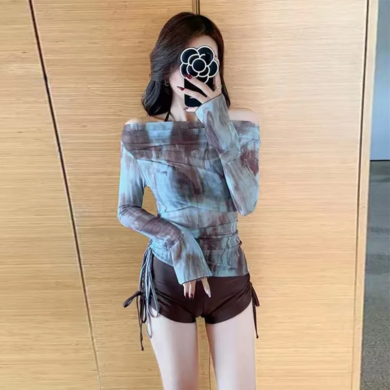 Swimsuit Women's Split Three-piece Long-sleeved Fashionable Tie-dye Blouse Sexy Bikini Conservative Slim Fit