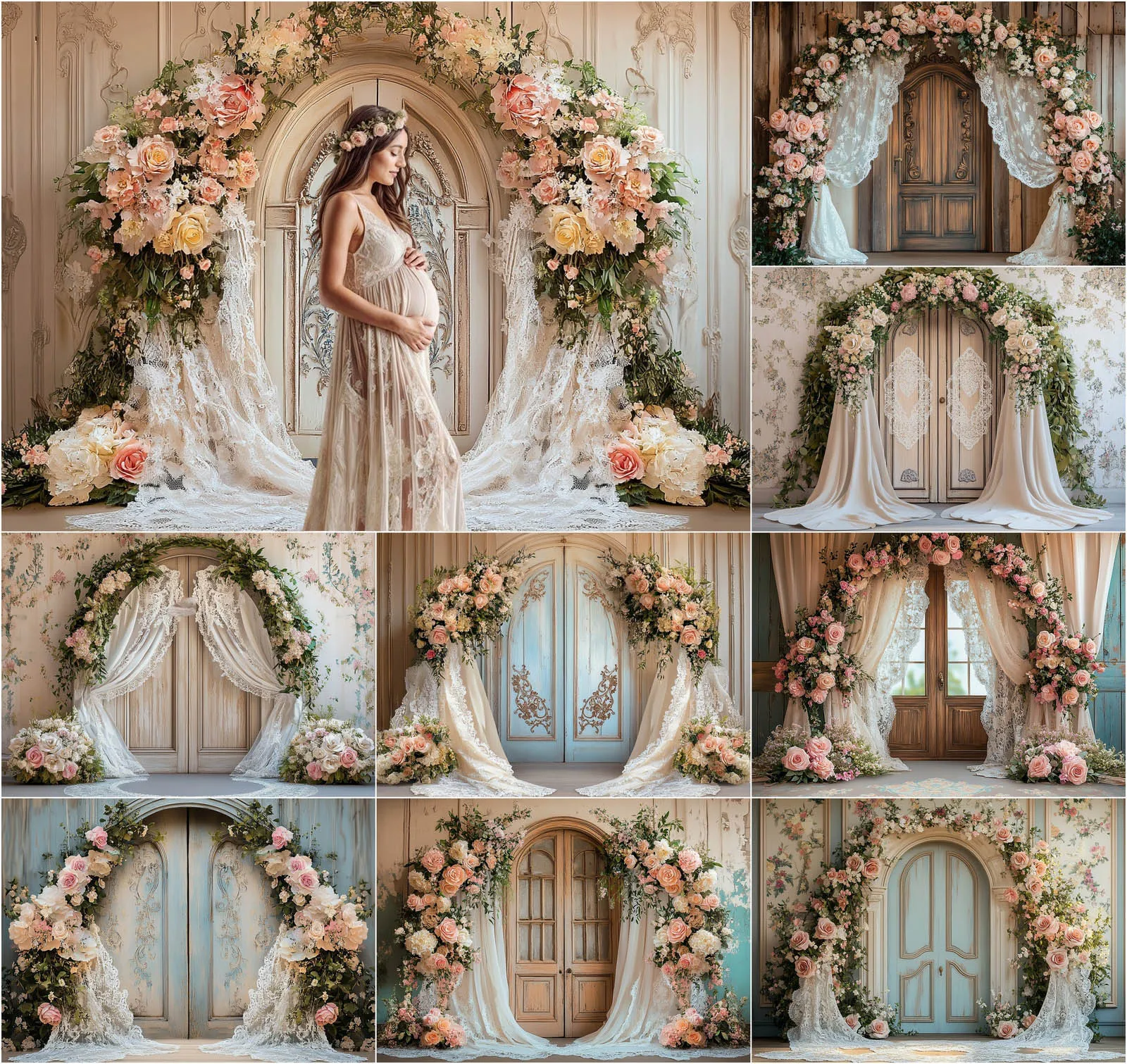 

Мехофонд Европейский Ретро дверной фон для фотосъемки Бохо цветы кружевной занавес Декор женщина свадебный портрет фото фон