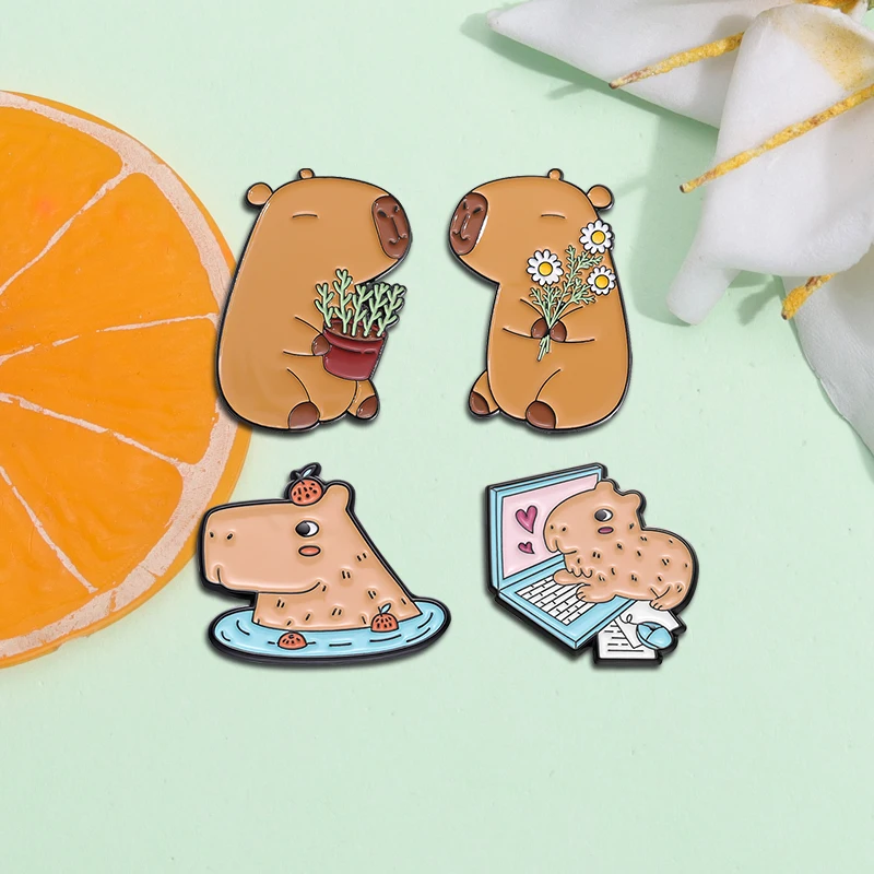 Cartoon Cute Capybara Brooch Enamel Pins Custom Funny Hippopotamus Metal Lapel Badge Clothes Backpack Accessories Jewelry Gift