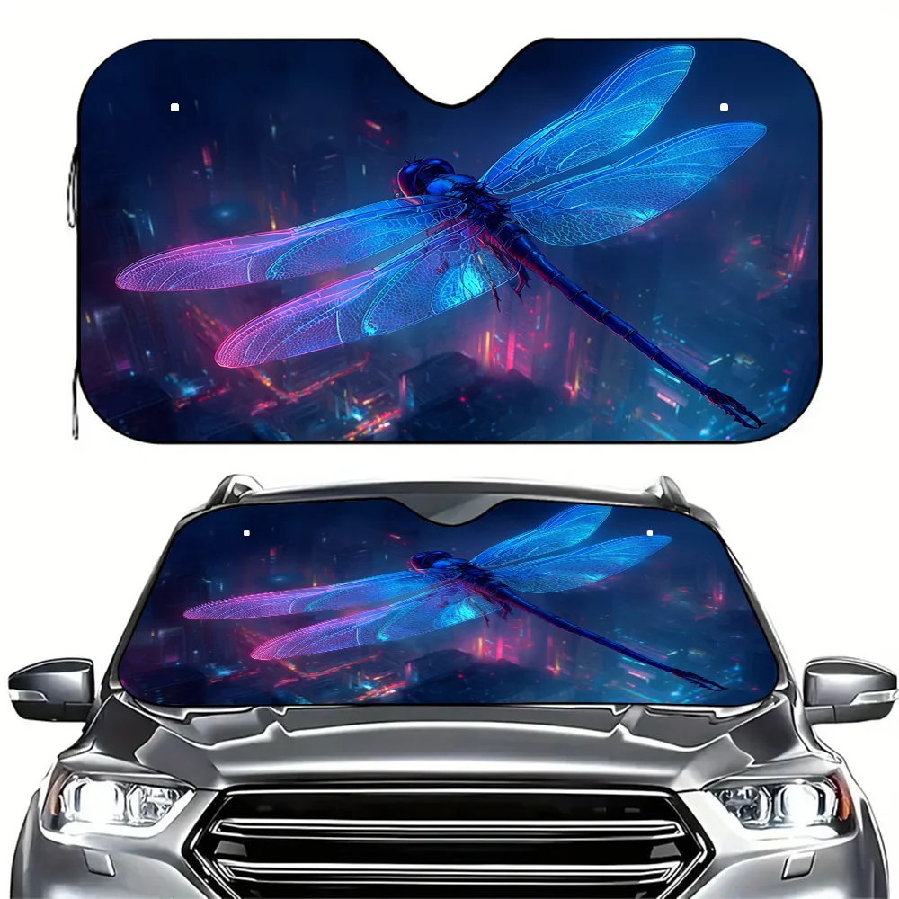1pc Cyber Dragonfly Glows Windshield Sunshade - UV Protection & Heat-Reflective Foldable Car Cover With Glowing Neon Blue/Purple