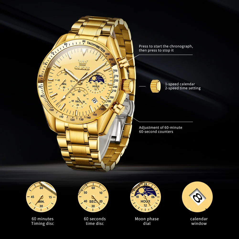 OLEVS Original Brand Watches for Men Waterproof Luminous Gold Stainless Steel Luxury Mens Watch Fashion Trend Wristwatch Man