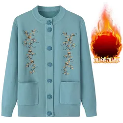 Women Autumn Winter Vintage Print Knitted Cardigans Sweater Coat Korean Casual Velvet Middle Aged Mother Tops Female Outerwear