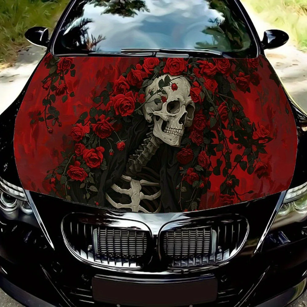 

Cool Skull and Romantic Red Roses Car Engine Hood Vinyl Wraps Sticker, Auto Exterior Device, Waterproof Self-adhesive Automotive