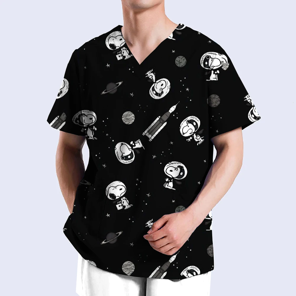 Men's T-shirt nurse uniform cartoon Snoopy print V-neck pocket medical cartoon nursing scrub uniform Enfermera men's clothing