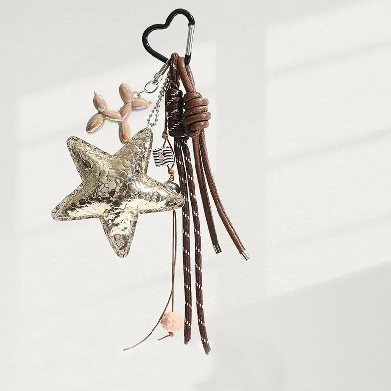 Fashion Starfish Keychain with Cute Balloon Dog Leather Charm Maximalist Braided Rope Bag Ornaments Women's Accessory