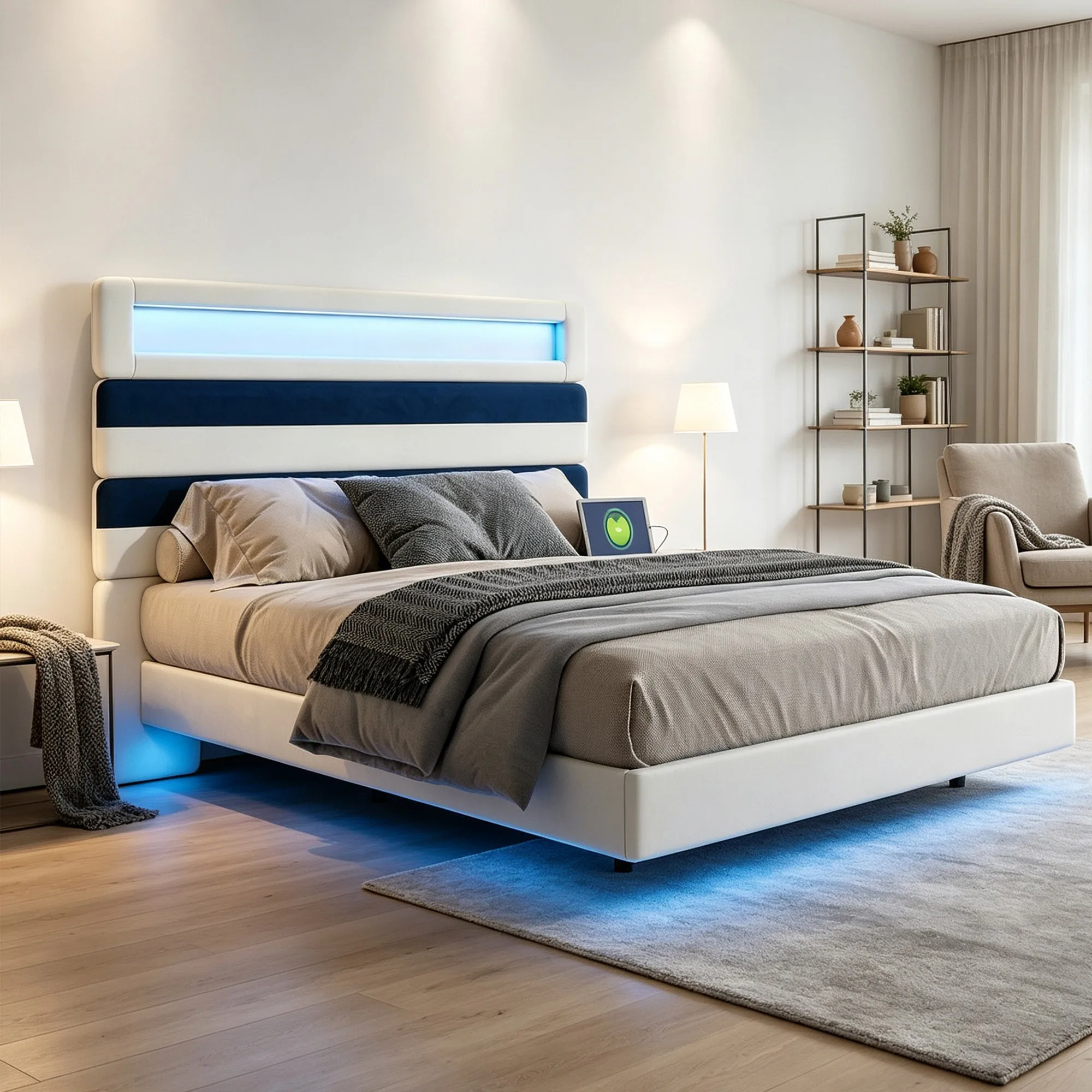 Letto matrimoniale Simurq, 140x190 cm, rivestito in velluto, con testiera trasformabile nei colori beige e blu navy, struttura del letto con doghe in legno, capacità di carico 300 kg.