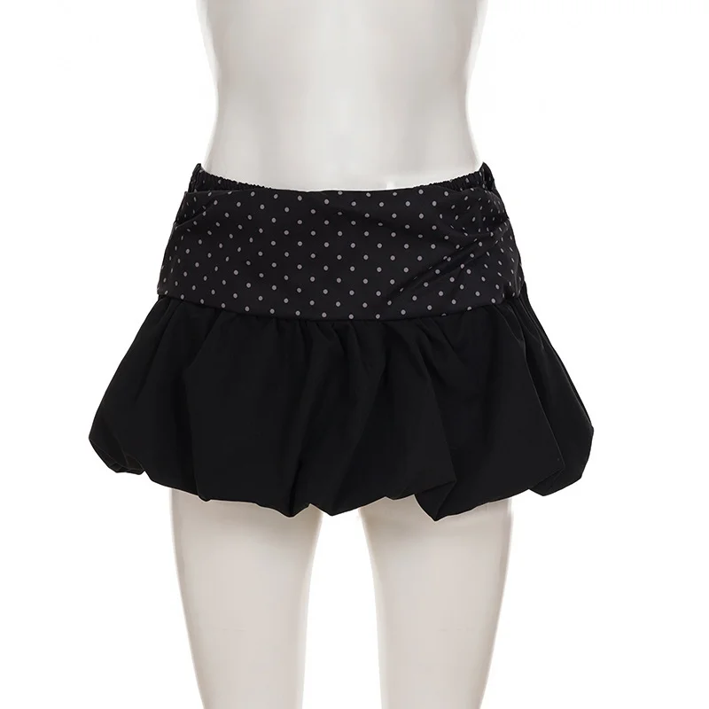 Black Polka Dot Fold Waist Bubble Mini Skirt Women Elastic Puffy Balloon Skirt Y2K Coquette Sexy Club Micro Skirt