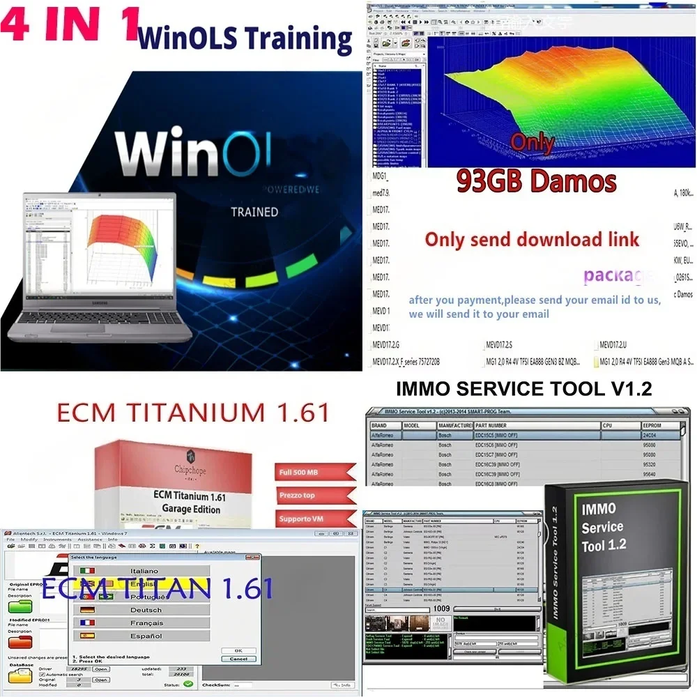 

4 in 1/Car Software WinOLS 4.7 ECU Programming Tool + 93GB Damos | ECM TITANIUM 26100+ Drivers | Immo Service V1.2 | Video Guid