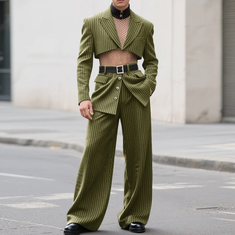 

INCERUN мужские комплекты в полоску уличная одежда с открытой строчкой, укороченный пиджак с длинными рукавами и брюки нестандартной формы, 2 предмета, модные повседневные мужские костюмы, S-3XL