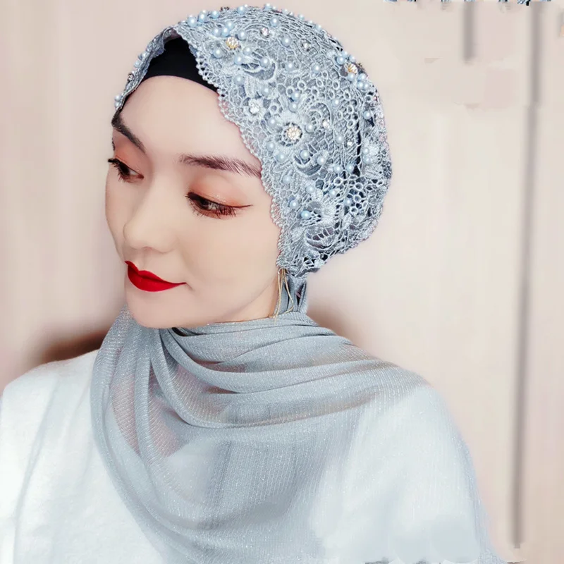 Luxury Beads Embroidery Underscarf Instant Hijab Hat Muslim Women Headscarf Bonnet Shawls Wrap Turban Islam Wedding Party Caps