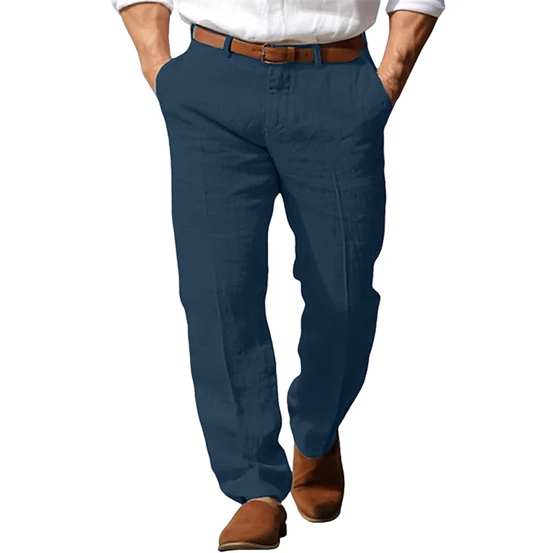 Spring Summer New Fashion Men Straight Solid Color Loose Fit Daily Linen Trousers American Male Breathable Pants Bottom Clothes