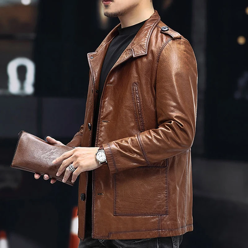 Genuine Leather Windbreaker For Men Top Layer of Oil Wax Sheepskin Jacket Male Casual Pocket Retro Brown Coat For Winter