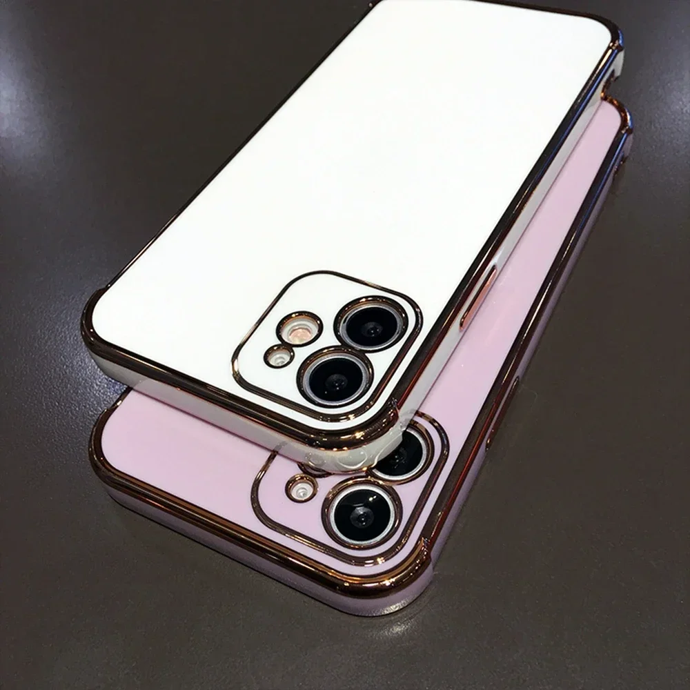 Luxury Glossy Gold Plating Silicon Case For iPhone 16 15 14 13 11 Pro Max XS X XR 15 Soft Pure White Color Cover For iPhone 16