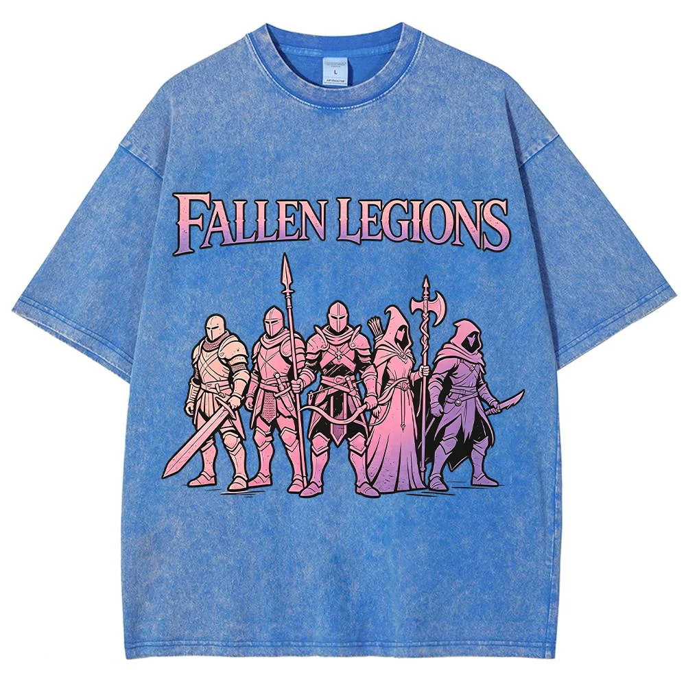 Women T Shirt Fallen Legions Graphic Knight Warrior Print Vintage Washed Cotton Oversized Streetwear Gothic Short Sleeve Top