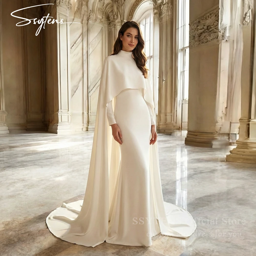 

SSYTENS Modest White Wedding Dresses Shawl Long Sleeve Bride Dress Saudi Arabia Train Muslim Floor-Length Bridal Gown Customized