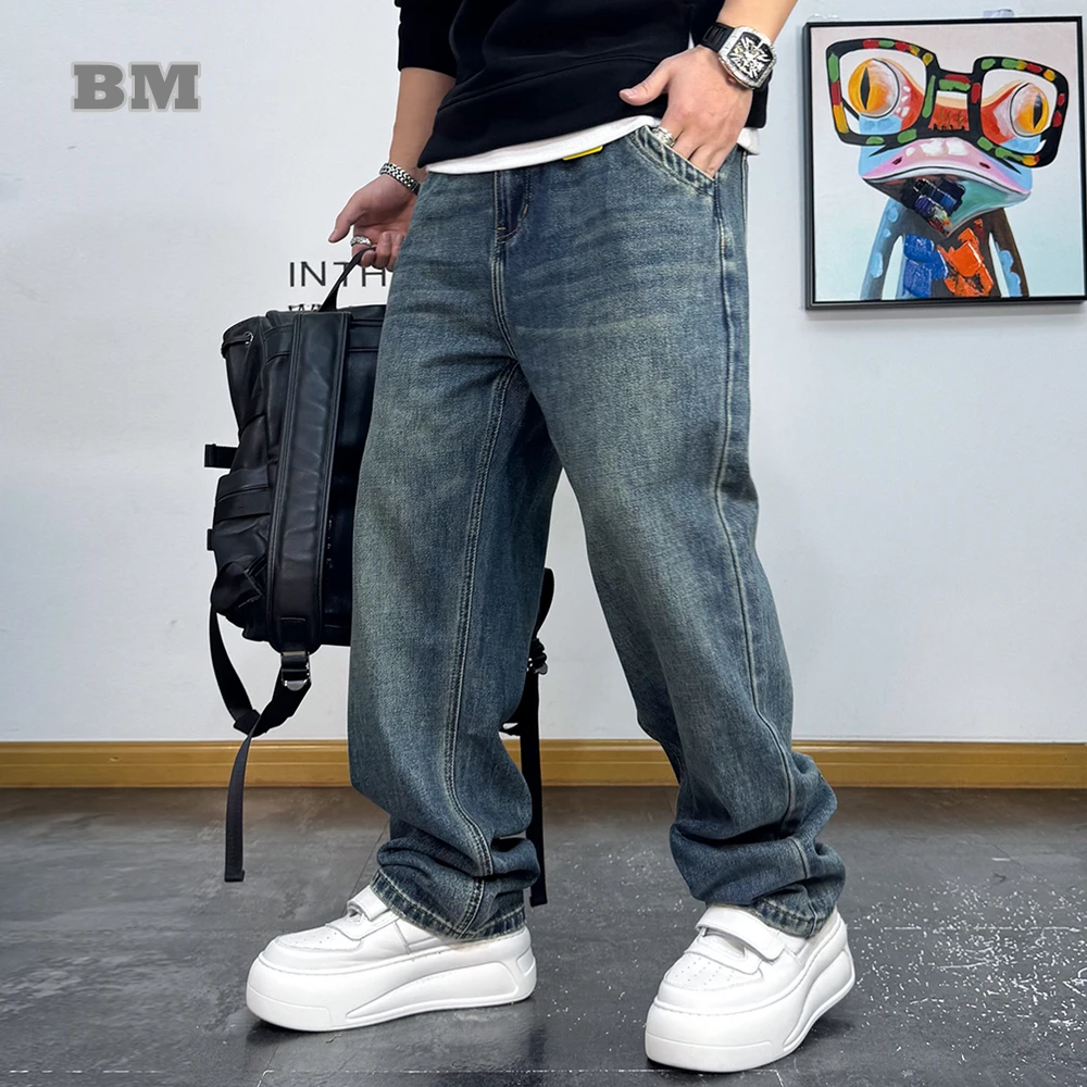 

American Vintage Classic Jeans Men Straight Leg Loose Fit Cargo Pants Harajuku Heavy Denim Streetwear Plus Size Blue Trousers