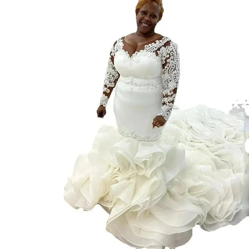 

Индивидуальное свадебное платье 2025 года с кружевными аппликациями на вырезе, африканским стилем, из органзы, с каскадными оборками, длинными рукавами, больших размеров