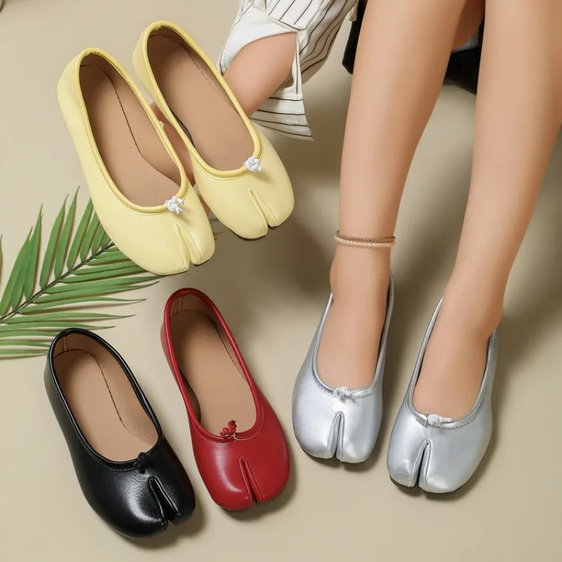 Women Split Toe Ballet Flats Knot Decor Slip‑on Flat Shoes Soft PU Leather Shallow Mouth Casual Walking Shoes for Ladies