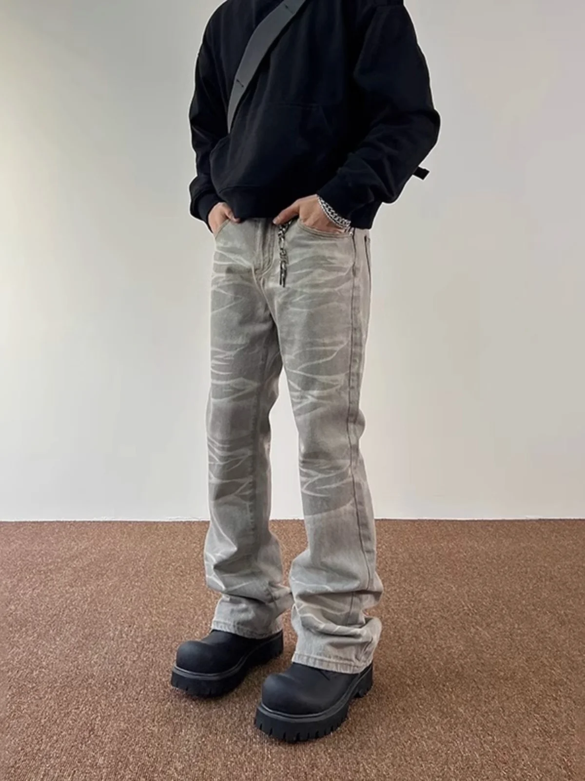 

Мужские джинсы American Street Sle Light Waed Faded Lightning Pattern, расклешенные брюки Cleanfit с высокой посадкой, длинные штаны