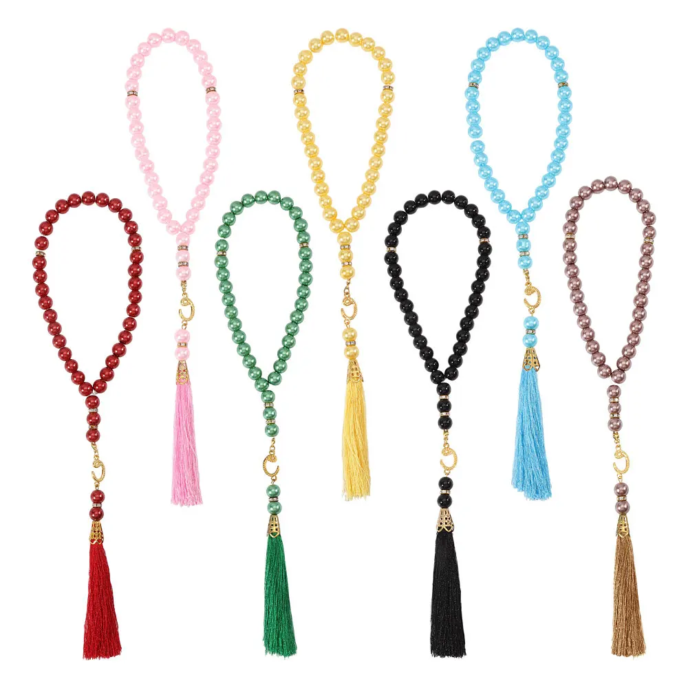 7 Pcs 7 Color Rosary Beads Bracelets Glass Pearl Beads Charm with Polyester Tassel Alloy Rhinestone Bead 3.67 inch for Muslim